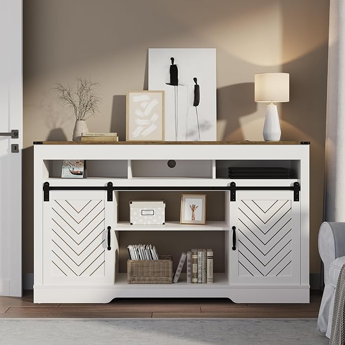 RoyalCraft Farmhouse TV Stand for 23" Electric Fireplace, Tall Entertainment Center for 65+ Inch TV, 34" Tall Rustic TV Console with Sliding Bar Door for Living Room, Wood-Tone and White