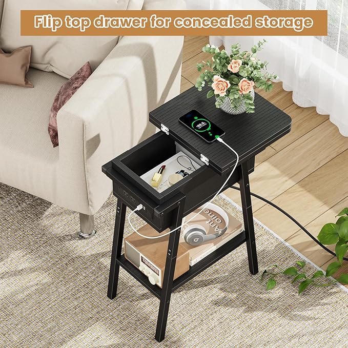 End Table with Charging Station, Flip Top Side Table with USB Ports and Outlets, Bedside Tables for Small Spaces,Nightstand with Storage Shelf for Living Room, Bedroom, Black
