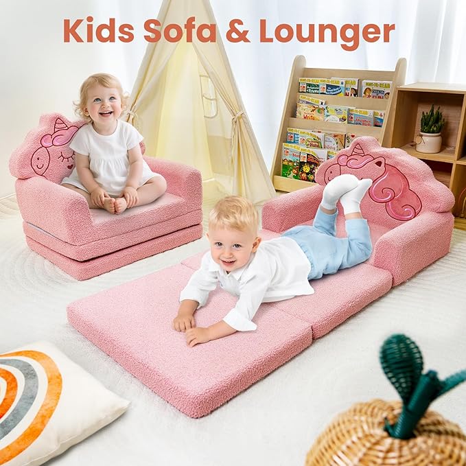 TinyPalsa Kids Couch, Convertible Sofa to Lounger Fold Out, Pink Unicorn Design Chair for Toddlers 1-3, Gift for Birthday, Movie Night
