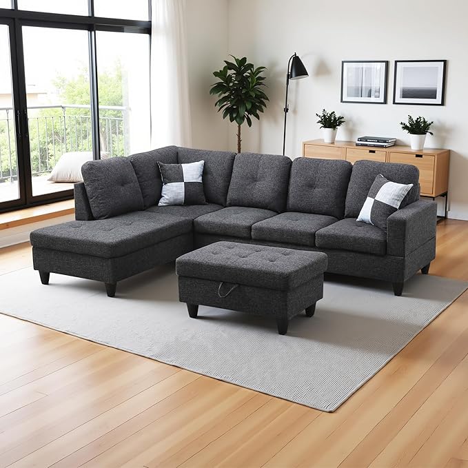 L Shaped Couch Modern Sectional Couch Upholstered Flannel Fabric 3 Pieces Sofas for Living Room with Chaise, Storage Ottoman for Office and Small Apartment, Black Grey