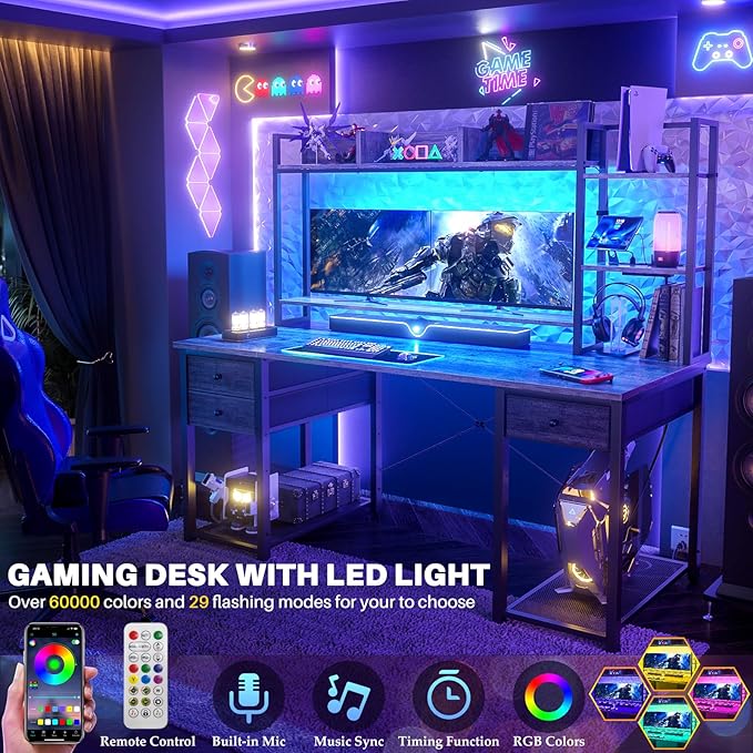 Aheaplus Gaming Desk With LED, Outlets, and Hutch - 55.2'' Computer Workstation With Drawers, Reversible Office Desk With Storage Bookshelf and Shelf - Large Home Desk, Black Oak