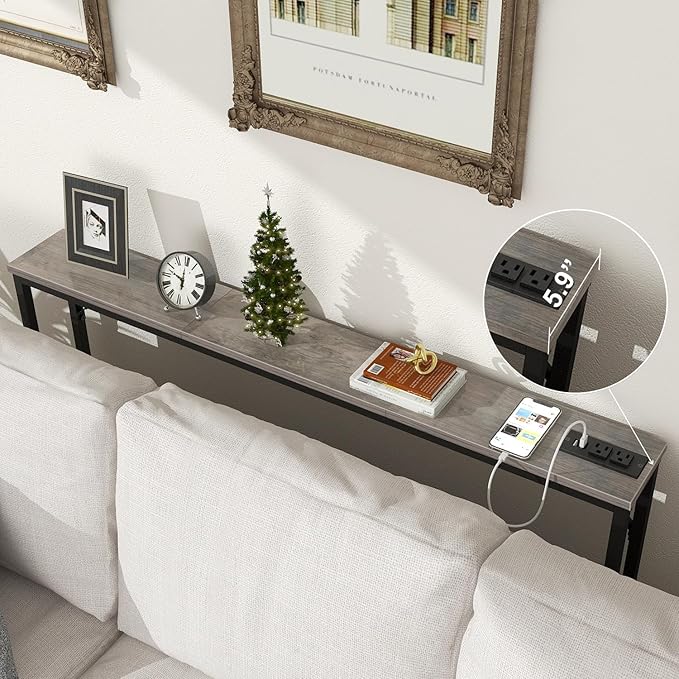 Tohomeor 5.9" Skinny Behind Sofa Console Table with Charging Station 47.2" Narrow Long Behind Couch Table with Power Outlets USB Ports Thin Entry Table for Entryway Living Room Hallway Retro Grey