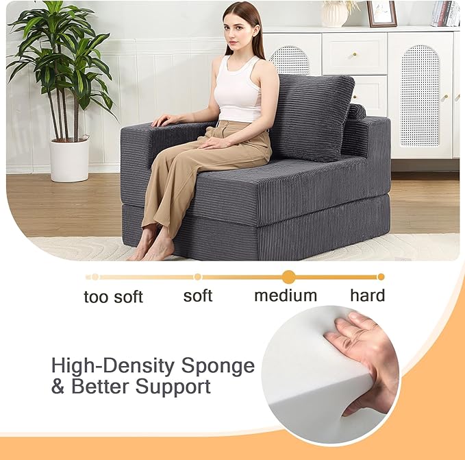 MeMoreCool Convertible Sofa Bed Foldable Boneless Couch, Folding Sleeper Chair Bed with L-Shaped Armrest, Comfy Floor Lounge Couch for Adults, Fold Out Single Sofa Chair Futon for Indoor Bedroom