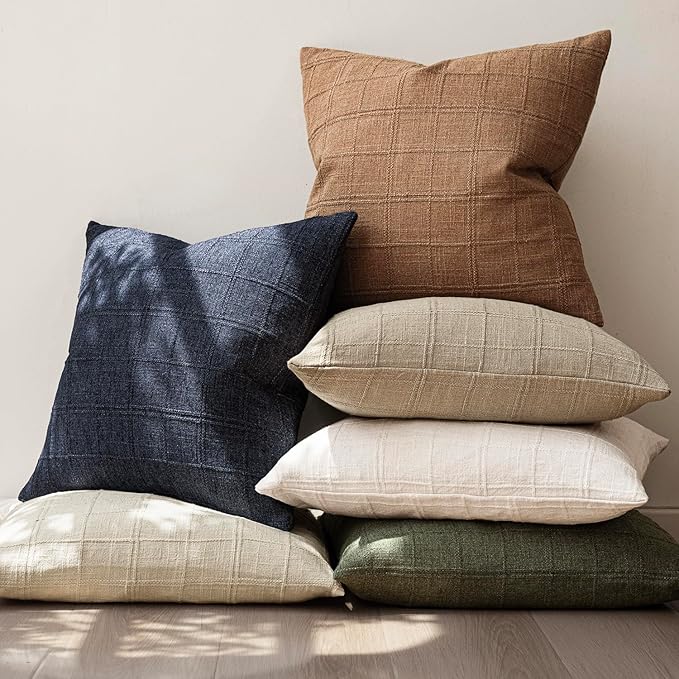 Foindtower Set of 2 Decorative Linen Check Throw Pillow Covers Neutral Farmhouse Vintage Cushion Covers Modern Boho Home Decor for Sofa Chair Couch Bedroom Living Room Outdoor,24×24 Inch,Brick