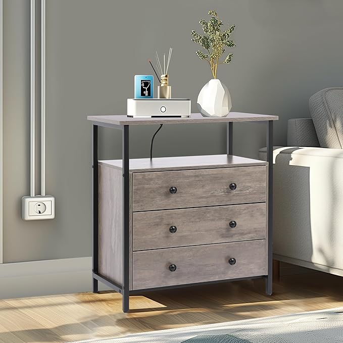 3 Wooden Drawers Night Stand, 27 Inch Wide Nightstand with Charging Station and Adjustable Drawers, Bedside Table for Living Room/Bedroom/Office, Gray.
