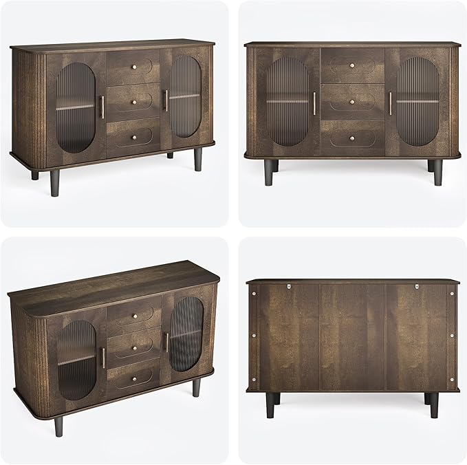 GarveeHome 47.2" Sideboard Buffet Cabinet with 2 Fluted Glass Doors & 3 Drawers, Modern Farmhouse Accent Coffee Bar with Adjustable Shelves for Kitchen, Living Room, Hallway, Walnut