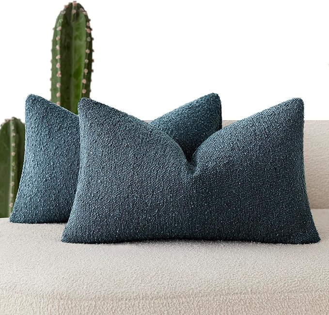 Foindtower Pack of 2 Textured Boucle Throw Pillow Covers Accent Solid Decorative Lumbar Pillow Cases Cozy Couch Cushion Case for Chair Sofa Bedroom Living Room Home Decor 12x20 Inch Dark Blue