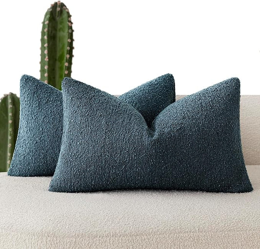 Foindtower Pack of 2 Textured Boucle Throw Pillow Covers Accent Solid Decorative Lumbar Pillow Cases Cozy Couch Cushion Case for Chair Sofa Bedroom Living Room Home Decor 12x20 Inch Dark Blue