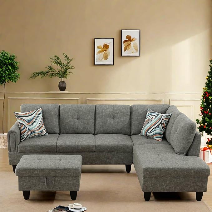 L Shaped Sectional Couch with Otttoman, 97" Sectional Sofa for Living Room Flannel Modular Couches with Cup Holders for Bedroom, Apartments, Grey