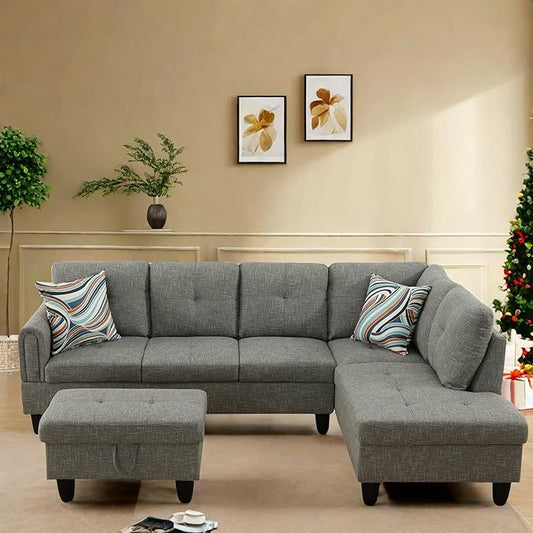 L Shaped Sectional Couch with Otttoman, 97" Sectional Sofa for Living Room Flannel Modular Couches with Cup Holders for Bedroom, Apartments, Grey