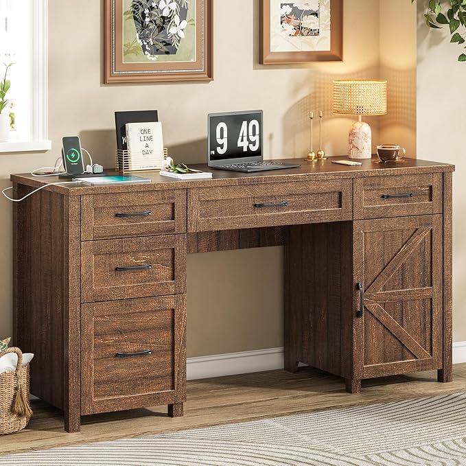 Farmhouse 61'' Executive Desk with 5 Drawers, Rustic Office Desk Computer Desk with Charging Station, File Drawers and Storage Cabinet, Wood Workstation for Study and Home Office, Red-Brown.