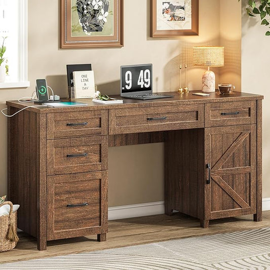 Farmhouse 61'' Executive Desk with 5 Drawers, Rustic Office Desk Computer Desk with Charging Station, File Drawers and Storage Cabinet, Wood Workstation for Study and Home Office, Red-Brown.