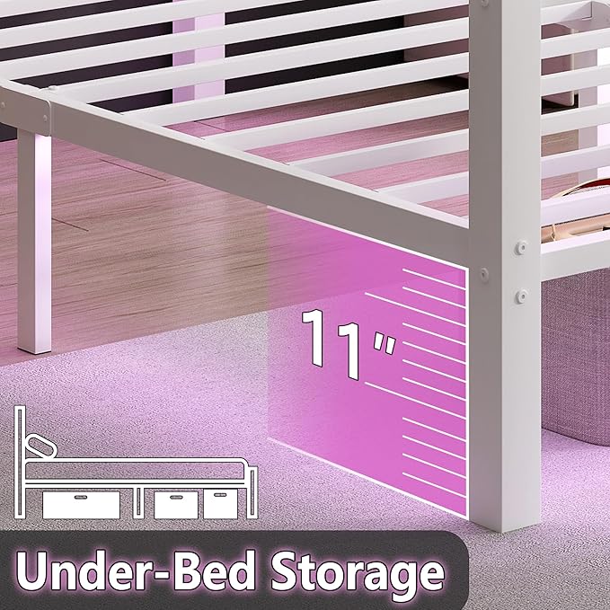 Queen Bed Frame with Headboard and Footboard,Steel Slats Support-LED Bed Frame with USB Charging Station,Mattress Foundation-Under Bed Storage,No Box Spring Needed,Noise Free,White