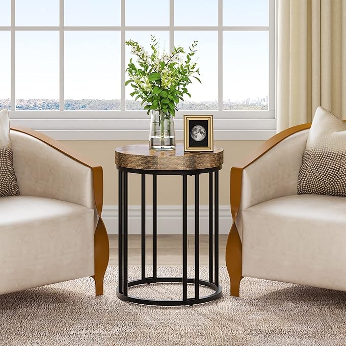 LITTLE TREE Round Side Table, End Table with Metal Frame, Small Wood Tables Tiny Coffee Accent Table Nightstand for Smaller Spaces, Living Room, Bedroom, Balcony (Brown, 2PCS)