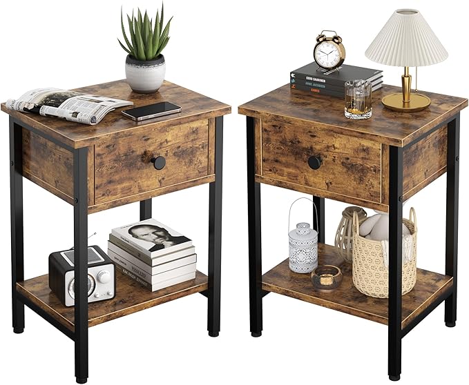 Nightstands Set of 2 with Wood Drawers, Bedside Table Set of 2 with Storage Shelf, Heavy Duty End Side Table for Bedroom Living Room Bedroom Small Space Sofa Couch, Wooden Metal Night Stand, Black