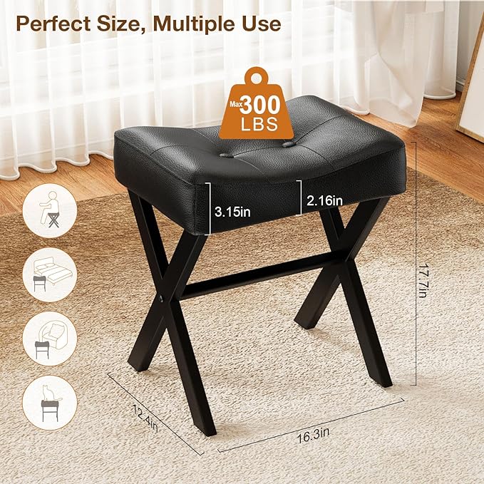 18-Inch Leather Vanity Stool Chair, Vanity Bench with Metal X-Leg, Ottoman Foot Stool with Thick Padded Saddle Seat, Black