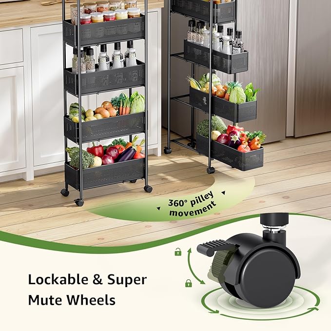 KINGRACK 5-Tier Slim Storage Cart with Pull Out Basket, Rolling Bathroom Organizer Utility, Metal Shelving Unit Slide Out, Lockable Wheels, Easy Assembly for Narrow Place, Kitchen, Laundry Room, Black