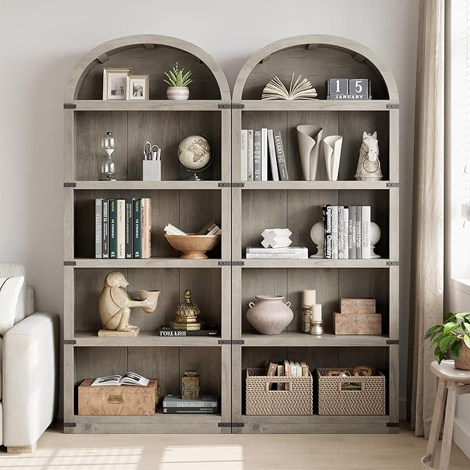 GarveeHome Bookcase 5 Shelf Arched Bookshelf 71.65in Tall Bookcase Farmhouse Display Storage Rack Wooden Bookshelves for Home Office, Living Room (Rustic Gray)