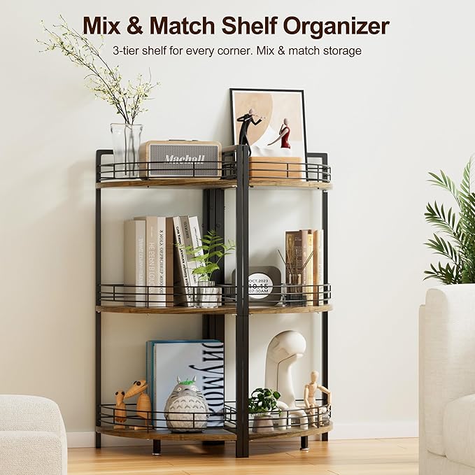 Bathroom Corner Shelf Stand, 3-Tier Small Corner Shelves, Triangular Curved Standing Bathroom Shelf Unit for Small Spaces, Ideal for Kitchen, Vanity Storage and Organization - Brown