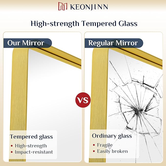Keonjinn Gold Mirrors for Bathroom Sink, 30 x 36 Inch Rounded Rectangle Brushed Brass Mirror, Metal Framed Rectangular Wall Mirror, HD Tempered Glass Modern Decorative Mirror(Horizontal/Vertical)