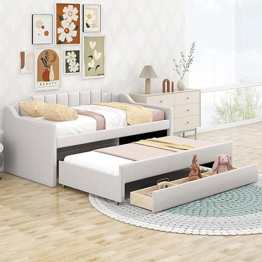 Twin Size Upholstered Daybed with Trundle and Three Lower Drawers,Linen Sofa Bed for Apartment Living Room Guest Room,Solid Wood Trundle Day Bed Frame, No Box Spring Needed,Beige