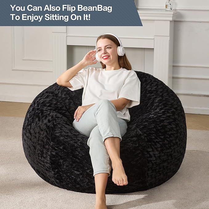 Hobestluk 4ft Bean Bag Chairs for Adults Large Beanbag Chair with Chevron Plush Fur Cover Big Bean Bag Chair for Living Room Bedroom Dorm Office - Black (44” x 44” x 24”)