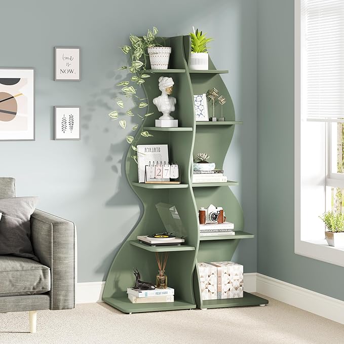 Tribesigns Corner Shelf, Modern 5-Tier Wall Corner Bookshelf, Stylish Corner Small Bookcase Storage Rack Plant Stand with Unique Shape for Living Room, Home Office (Sage Green, 2PCS)