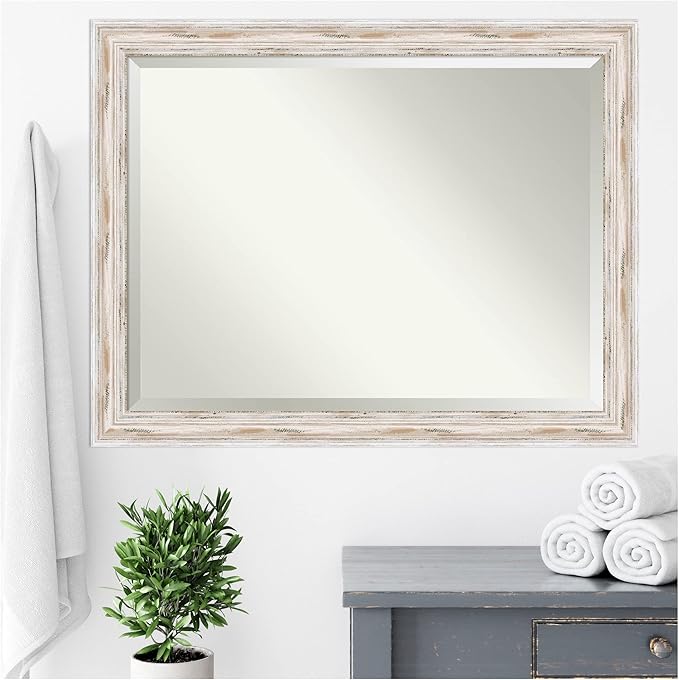 Amanti Art White Bathroom Mirror for Over Sink, 35x45 Alexandria White Wash Rectangle Vanity Mirror, X-Large Coastal Wood Frame, Hangs Horizonally and Vertically, Bathroom Wall Decor, Beveled Edge