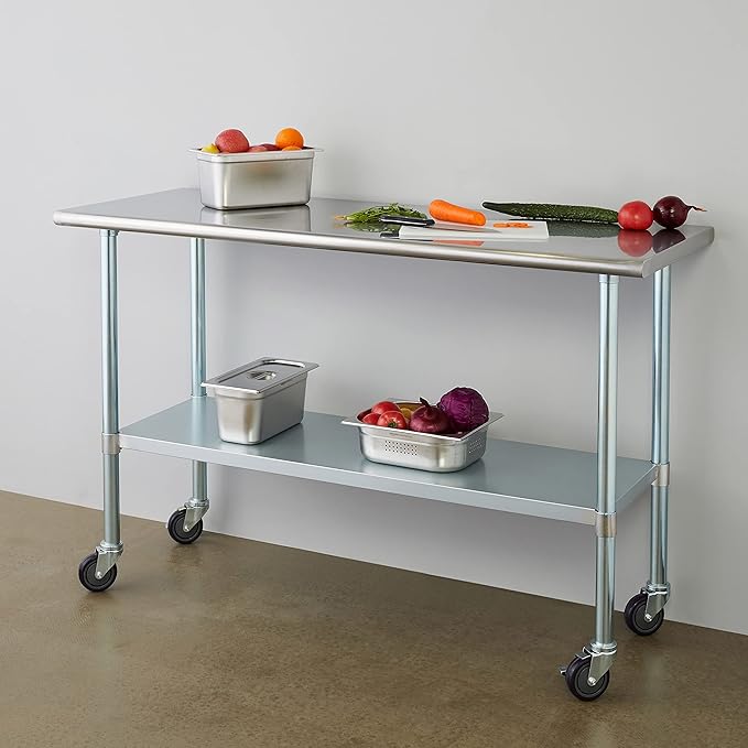 ROCKPOINT Stainless Steel Table for Prep & Work with Caster Wheels 24x60 Inches, NSF Metal Commercial Kitchen Heavy Duty Table with Adjustable Under Shelf and Table Foot for Restaurant, Home and Hotel