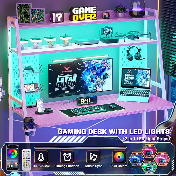Gaming Desk with Hutch and LED Lights, Gaming Computer Desk with Power Outlets, Gamer Desk with Storage Shelves, PC Game Desk with Pegboards for Bedroom, Carbon Fiber Pink, 49"