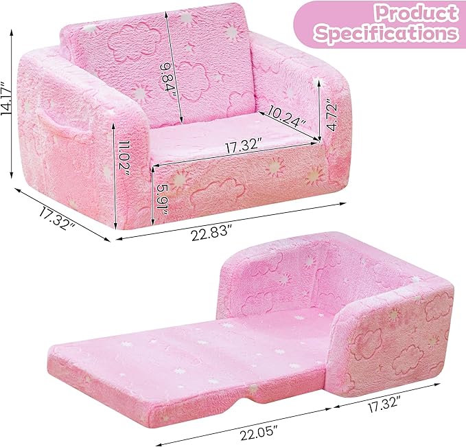 Lamerge 2-in-1 Soft Toddler Couch Fold Out,Foldable Toddler Chair, Glow in The Dark Kids Sofa for playroom,Convertible Foam and Floor Cushion for Boys and Girls (Pink and Clouds)