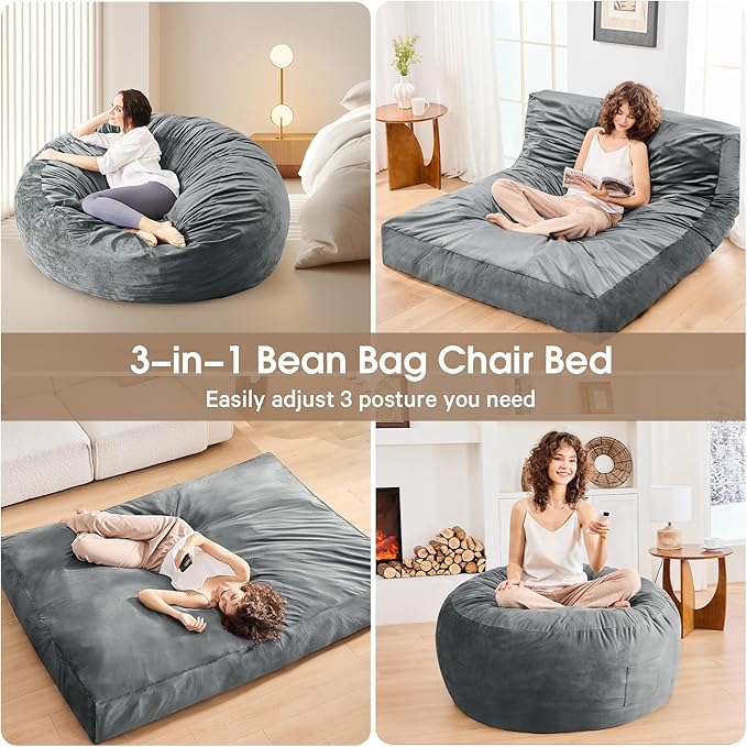 Bean Bag Chairs for Adults - Giant Bean Bag Chair Convertible Bean Bag Bed - Beanbag Chair with Micro Fiber Cover/Furniture Foam Filler - Floor Couch Sofa in Bedroom Dorm Room - Queen Charcoal