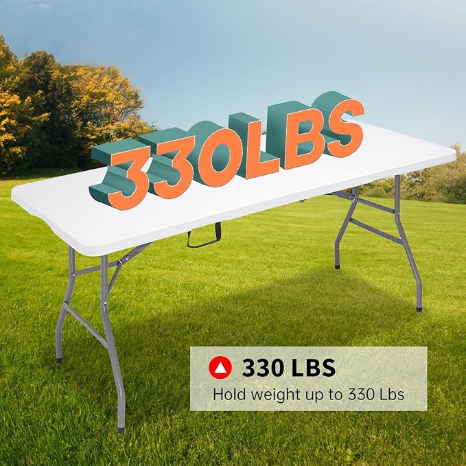 6 FT Folding Table for Indoor Outdoor, Portable Heavy Duty Folding Camping Tables for Eating, Fold-in-Half Plastic Dining Picnic Party Utility Card Table with Carrying Handle, 71x29 inch