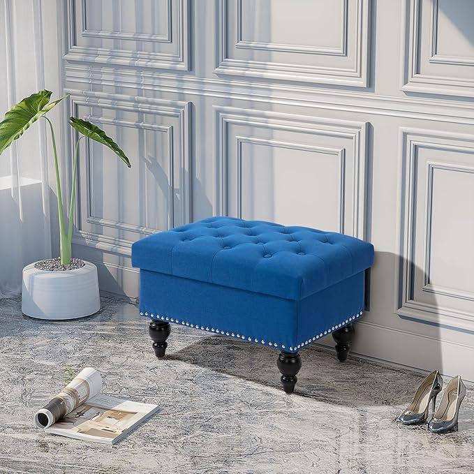 HOMCOM Ottoman with Storage for Living Room, 25" Storage Ottoman with Removable Lid, Button-Tufted Fabric Bench for Footrest and Seat with Wood Legs, Blue