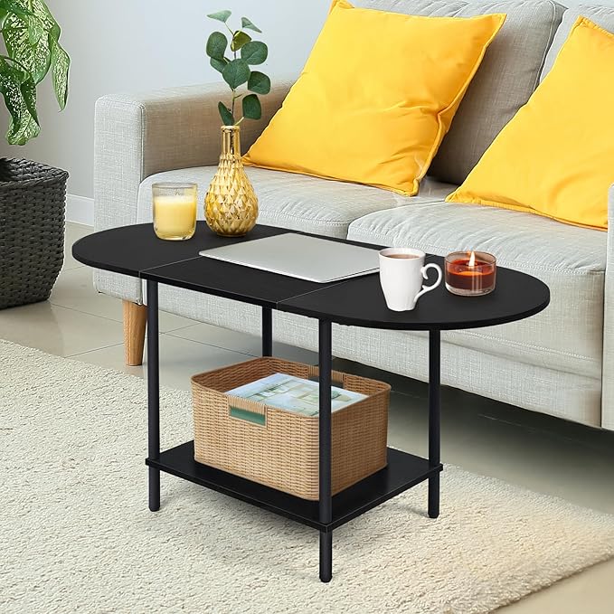 ETELI Black Coffee Tables for Living Room 2-Tier Small Oval Coffee Table Wood Accent Coffe Tables with Storage Shelf Modern Mesa De Centro Sala for Small Space, Home Office