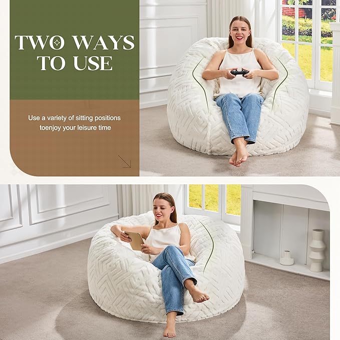 Hobestluk Bean Bag Chairs Adults Beanbag Chair with Filler Large Bean Bags with Fluffy Embossed Cover, Giant Bean Bag Chairs for Adults (White, 3FT - 36” x 36” x 22”)