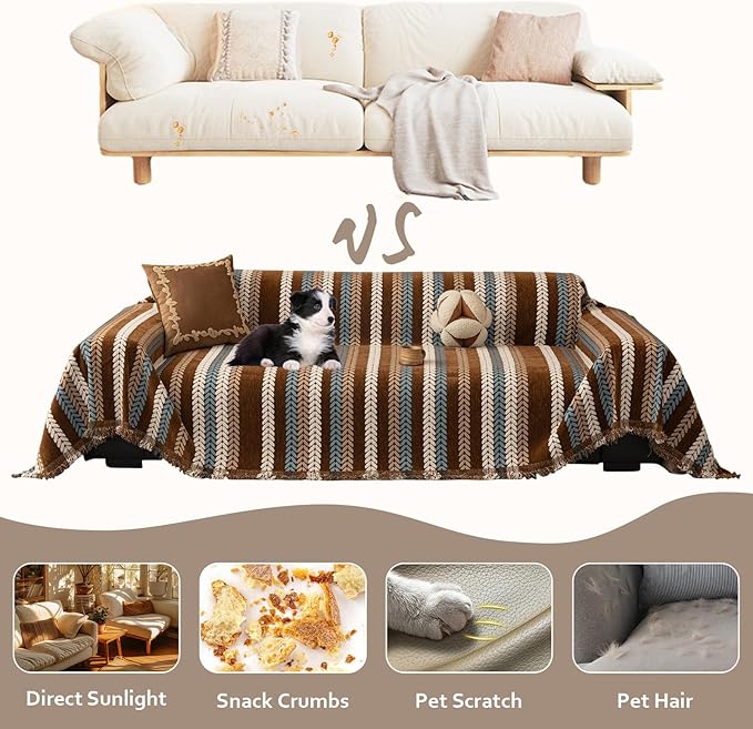 STACYPIK Khaki Jacquard Leaves Sofa Cover, Vintage Couch Cover for Dogs, Washable Pet Protector for 3 Cushion Couch, Non-slip Chenille Sofa Covers for Loveseat, Boho Couch Cover for Sectional-71X134IN