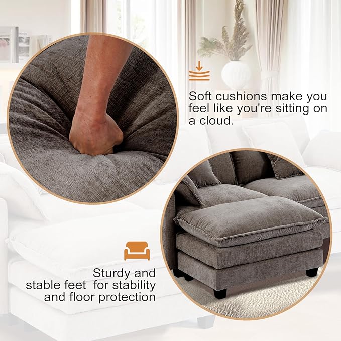 Furniliving Oversized Accent Chair with Ottoman, Luxury Chenille Single Sofa, Upholstered Deep Seat Chaise Lounge with Pillows for Living Room, Bedroom, Apartment, Grey