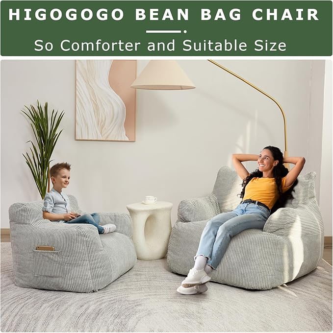 HIGOGOGO Giant Bean Bag Chair Sofa, Big Comfy Chair for Bedroom Living Room, Large Bean Bag Lazy Chair for Adults with Pocket Armrests for Gaming, Reading, Grey