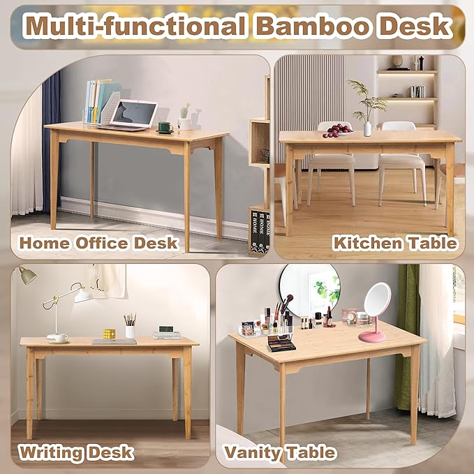 DOUSY- Bamboo Writing Desk Writing Computer Desk Study Desk Home Office Desk Writing Table, Modern Furniture Study 47" Solid Bamboo Multipurpose Table, for Living Room, Bedroom, Natual Color