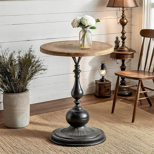 Round End Table Living Room, Vintage Side Table, Farmhouse Pedestal Table for Bedroom, Retro Wood Accent Tables for Home Decor, Patio Black