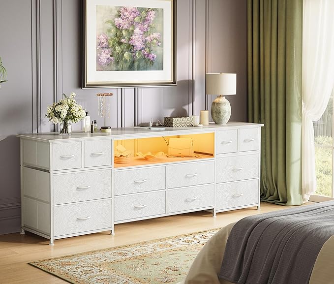 Huuger 63 Inch Dresser TV Stand with LED Lights, Power Outlets and USB-C Port, 12 Fabric Drawer Dresser for Bedroom, Wide Entertainment Center for 65, 70 Inch TV, Media Console, Open Shelf, White
