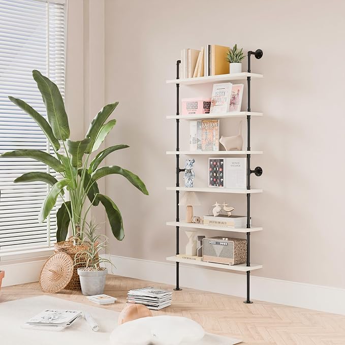 6 Tier Industrial Ladder Shelf Bookcase, Wall Mounted Rustic Bookshelf for Living Room Decor and Storage (White, 6 Tier - 10" D x 36" W x 82.5" H)