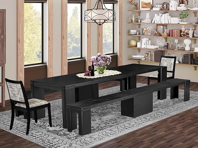 X02X2-206-30 5-pc Dining Room Table Set a Rectangular Kitchen Table and 2 Benches and 2 Wire Brushed Black Polyester Stackable Chairs, 39x120 Inch, Wire Brushed Black