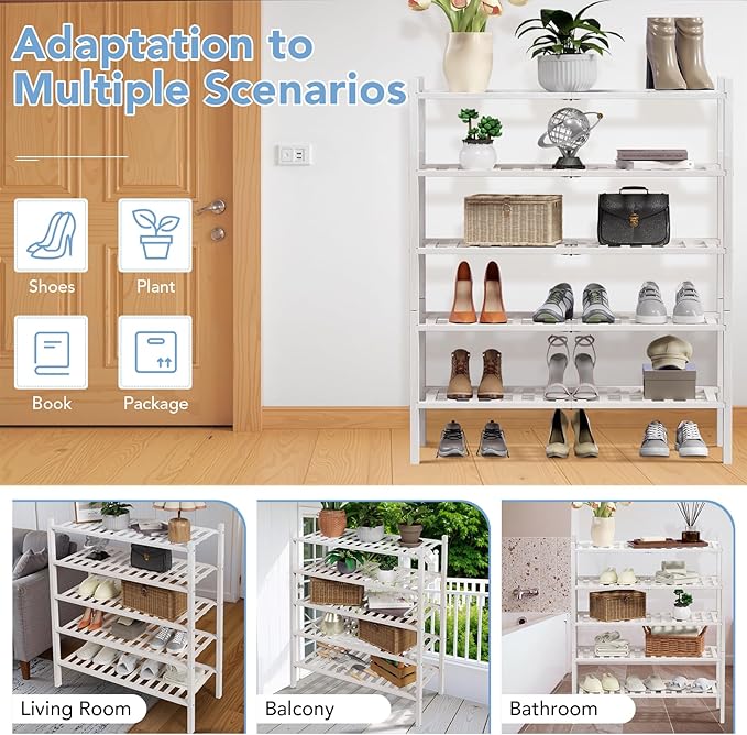 Haddockway 5 Tier Bamboo Shoe Rack Storage Organizer, Multifunctional Free Standing Stackable Shoe Shelf with Grid Panel for Closet,Hallway,Entryway,Small Space 27"x11"x32" (White, 5 Tier)