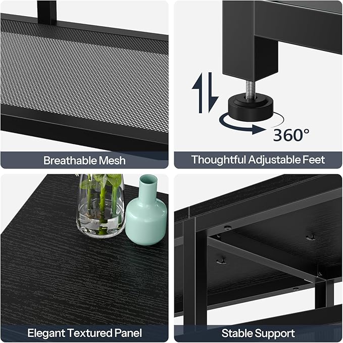 HOOBRO LED TV Stand with Charging Station, 4-Tier Entertainment Gaming Center, Modern Media Console Table, Open Shelves, 55.1"L x 13.8"W x 26.2"H, for TVs up to 65", for Living Room, Black BB47UDDS01