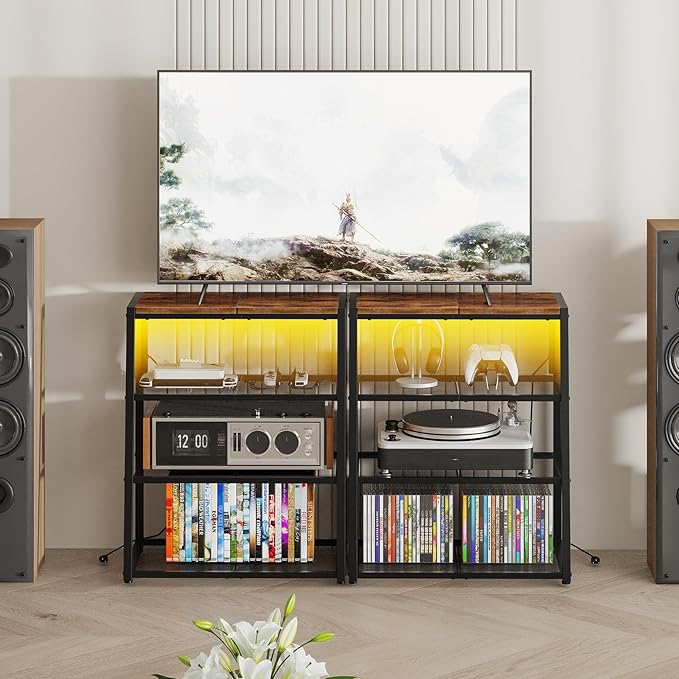 HOOBRO 4-Tier AV Media Stand with Charging Station and LED Light, Wooden Stereo Cabinet, Corner TV Stand, Rack Audio Tower, Corner Entertainment Center, Rustic Brown and Black BF107UDCJ01
