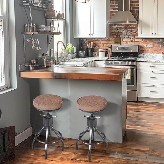 Industrial Bar Stools Swivel Pu Seat Vintage Kitchen Island Counter Stool 23-33inch Height Adjustable Rustic Shop Chair (Set of 2)