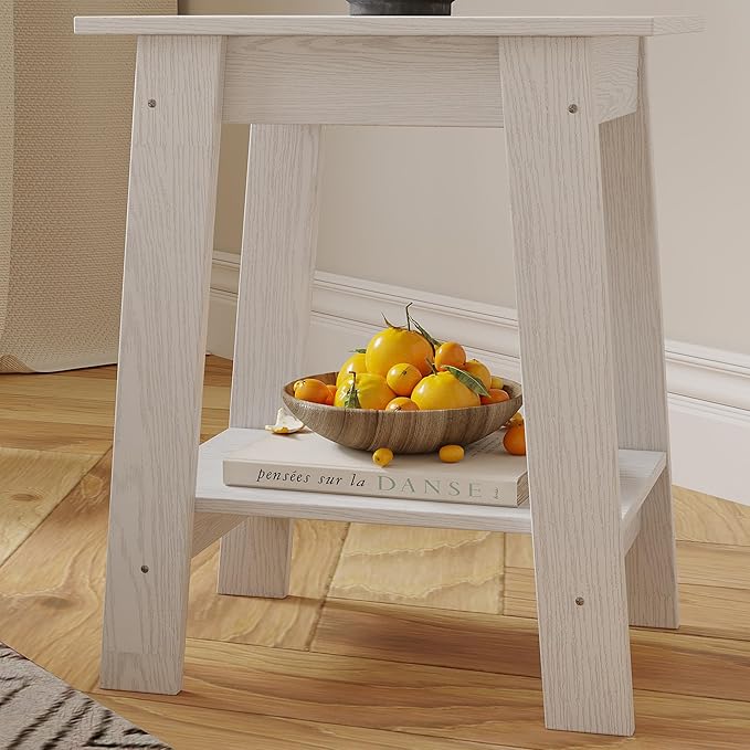 End Table with Double Storage Shelves, Small Space Side Table for Farmhouse Bedroom, Studio Apartment, Entryway， White