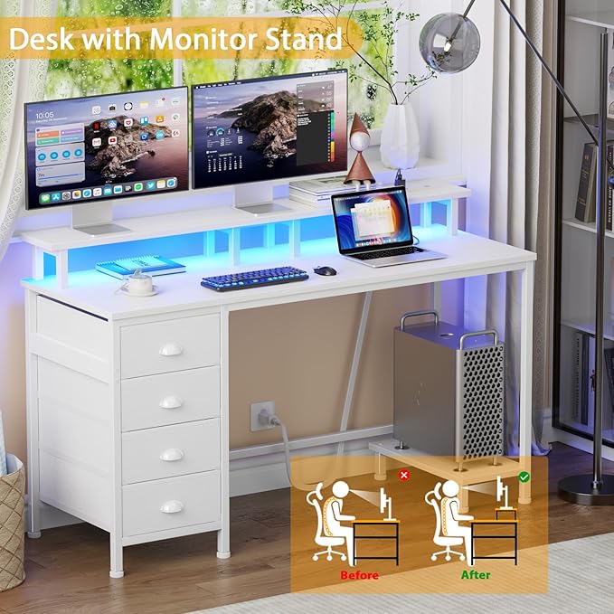 Furologee 47" White Computer Desk with 4 Fabric Drawers & Monitor Stand, Gaming Desk with Power Outlets - LED Lights, Home Office Space-Saving Study Table for Bedroom Small Spaces